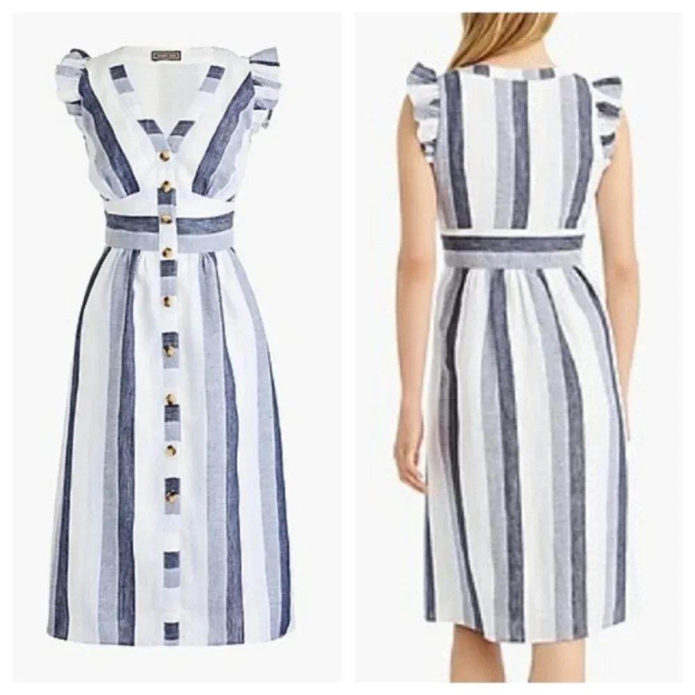 J. Crew Point Sur Linen Striped A-line Dress SZ 00P Blue White Spring Summer - Picture 2 of 10